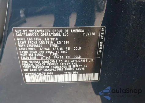 2019 Volkswagen Atlas 3.6L V6 Se W/Technology from USA, damaged, VIN 1V2WR2CA0KC513958